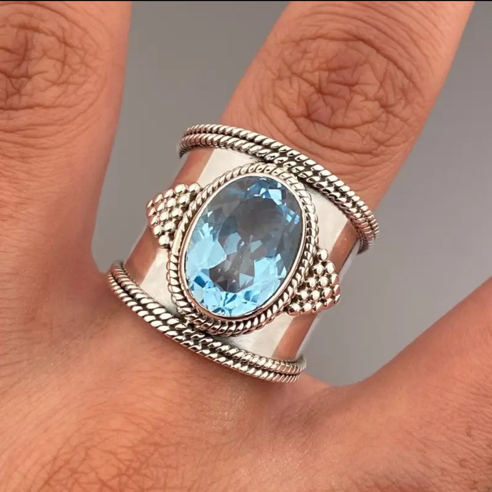 Vintage Bohemian Ring  Oval Shaped Blue Synthetic Gemstone.